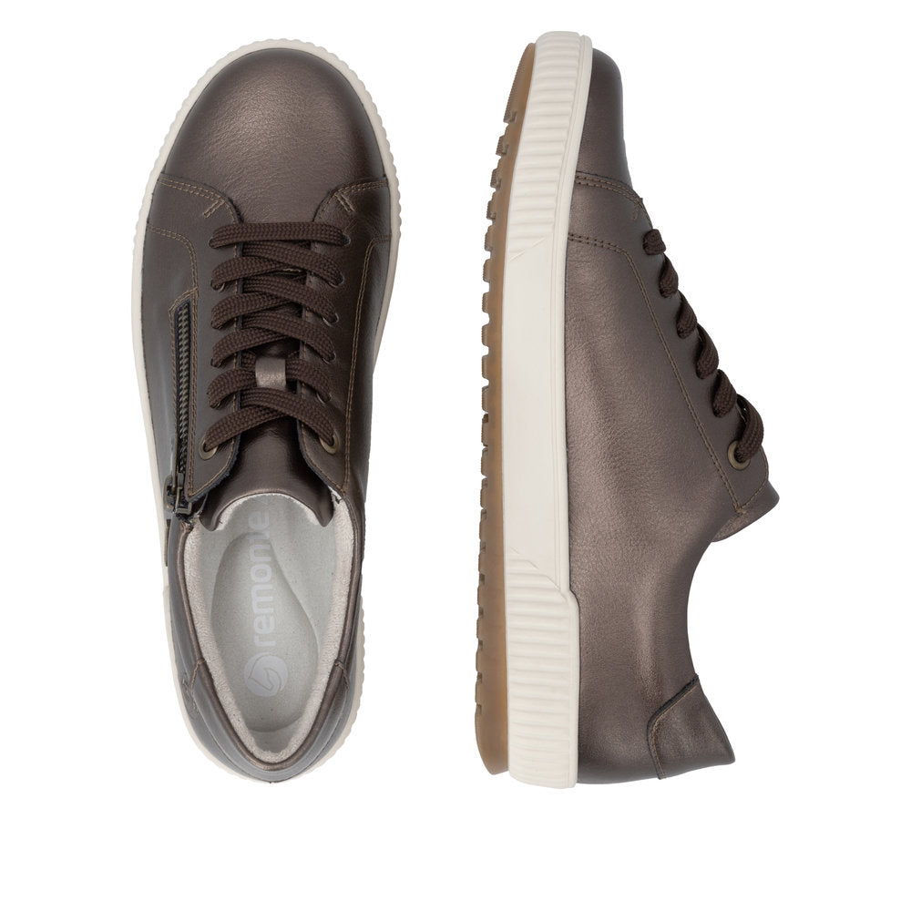Remonte D0700-90 women's wide grey leather water resistant zip & lace shoes, two-angle product view.