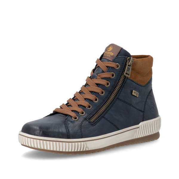 Remonte D0772-16 women's wide navy leather water resistant zip & lace ankle boots, front three-quarter view.