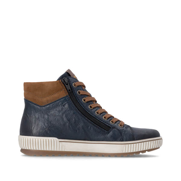 Remonte D0772-16 women's wide navy leather water resistant zip & lace ankle boots, outer side view.