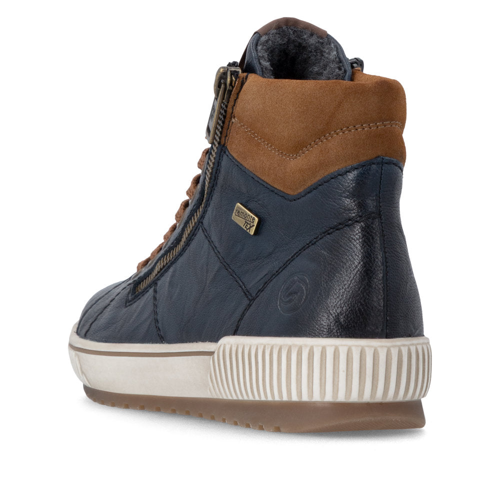 Remonte D0772-16 women's wide navy leather water resistant zip & lace ankle boots, rear three-quarter view.