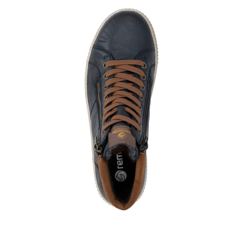 Remonte D0772-16 women's wide navy leather water resistant zip & lace ankle boots, top view.