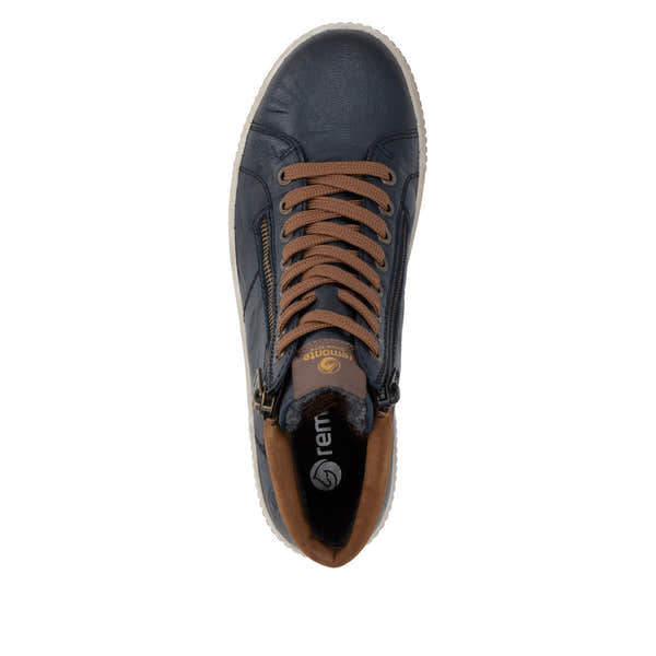 Remonte D0772-16 women's wide navy leather water resistant zip & lace ankle boots, top view.