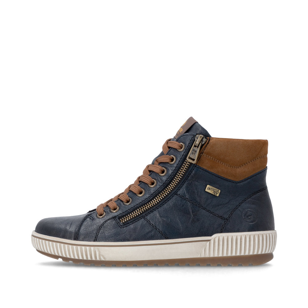 Remonte D0772-16 women's wide navy leather water resistant zip & lace ankle boots, inner side view.