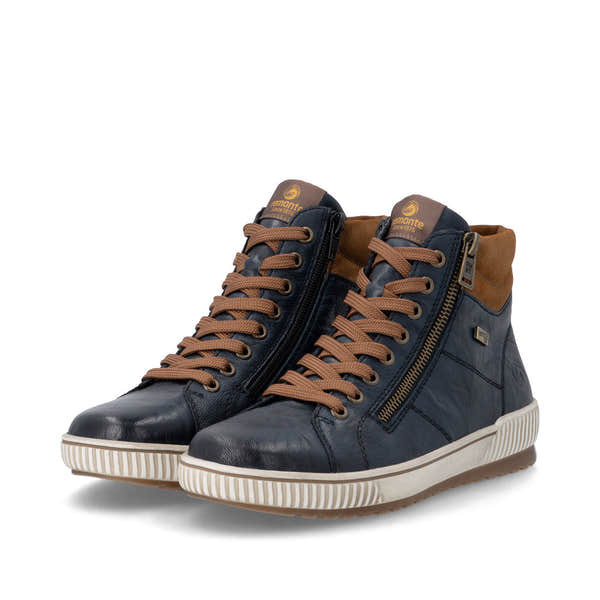 Remonte D0772-16 women's wide navy leather water resistant zip & lace ankle boots, paired three-quarter view.