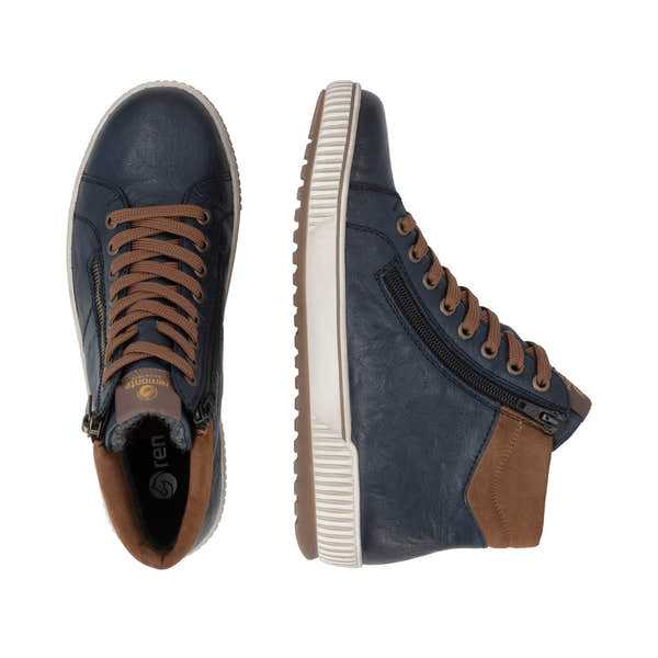Remonte D0772-16 women's wide navy leather water resistant zip & lace ankle boots, two-angle product view.