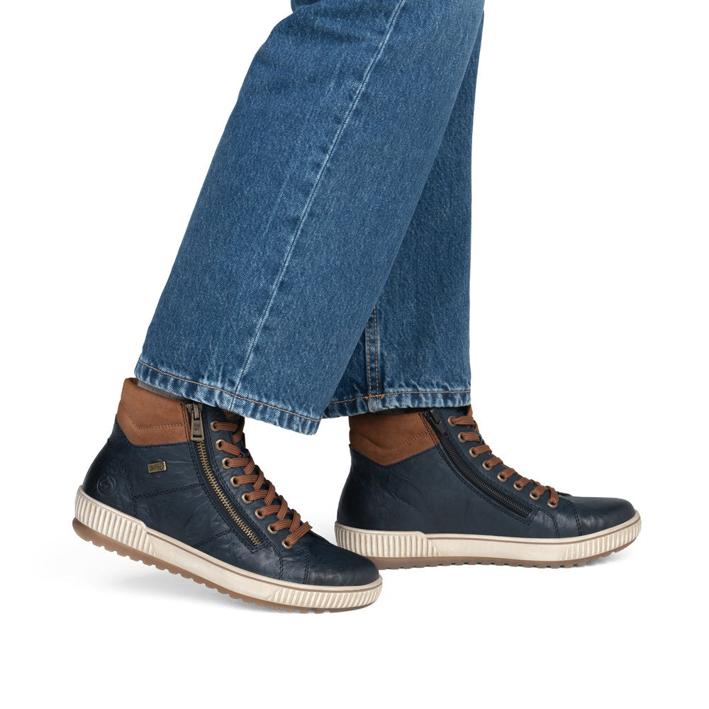 Remonte D0772-16 women's wide navy leather water resistant zip & lace ankle boots, on-foot lifestyle view.