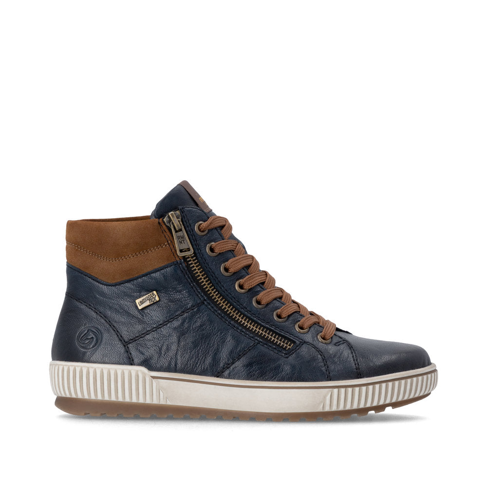 Remonte D0772-16 women's wide navy leather water resistant zip & lace ankle boots, opposite side view.