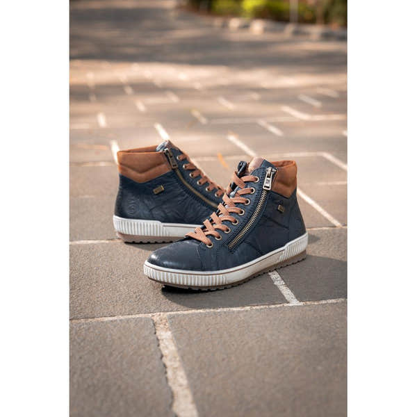 Remonte D0772-16 women's wide navy leather water resistant zip & lace ankle boots, lifestyle view 1 of 5.
