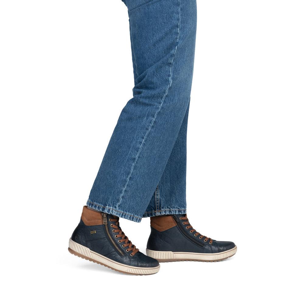 Remonte D0772-16 women's wide navy leather water resistant zip & lace ankle boots, on-foot lifestyle view.