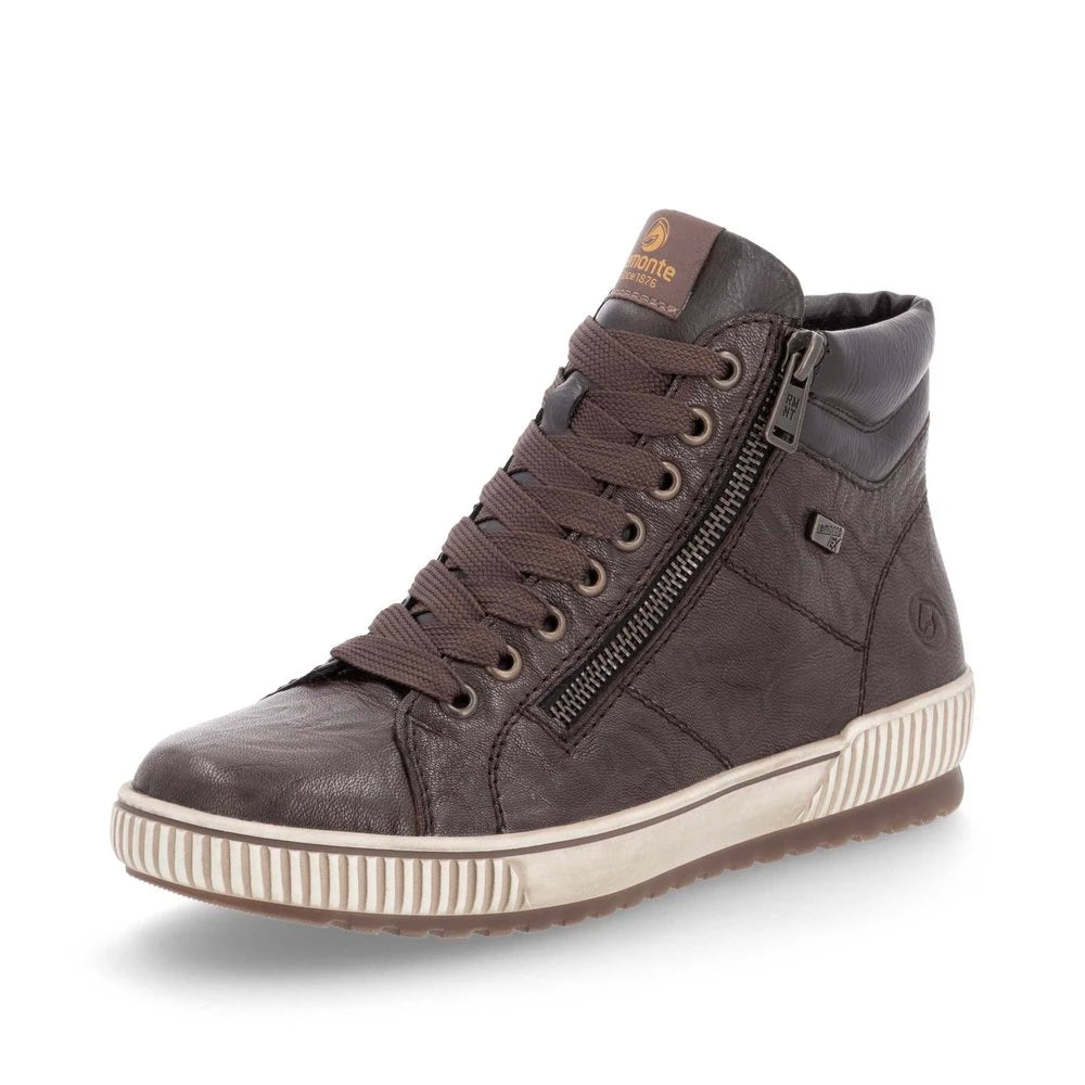 Remonte D0772-25 women's havana brown leather water resistant zip & lace ankle boots, front three-quarter view.