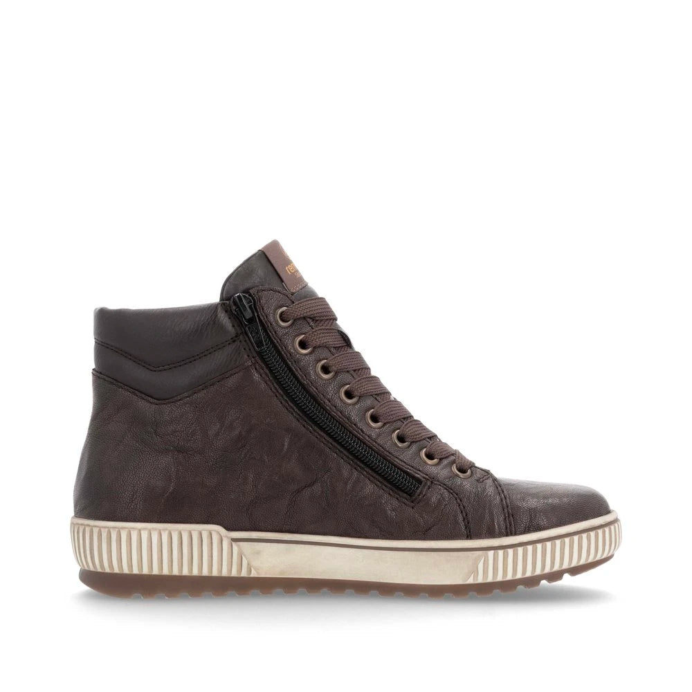 Remonte D0772-25 women's havana brown leather water resistant zip & lace ankle boots, outer side view.