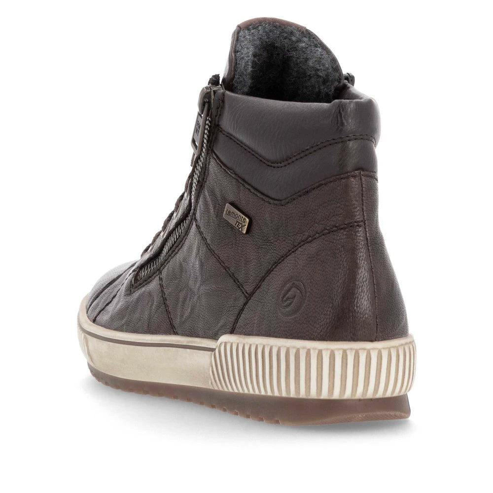 Remonte D0772-25 women's havana brown leather water resistant zip & lace ankle boots, rear three-quarter view.