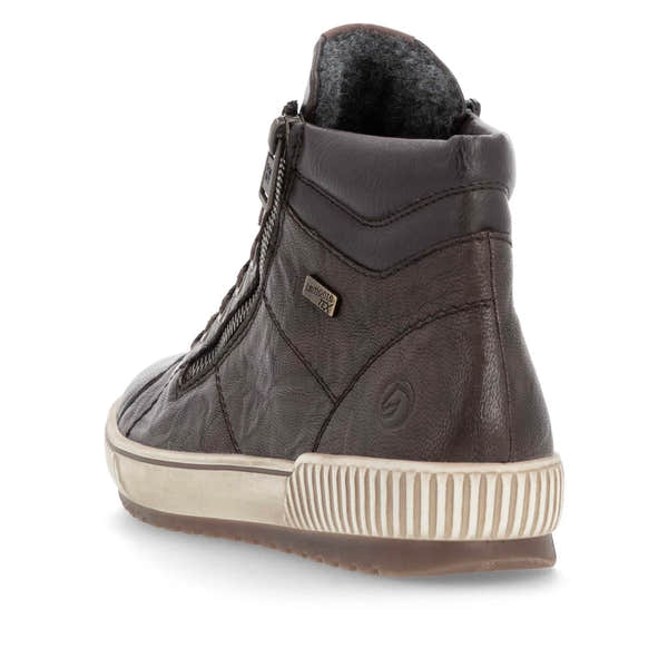 Remonte D0772-25 women's havana brown leather water resistant zip & lace ankle boots, rear three-quarter view.