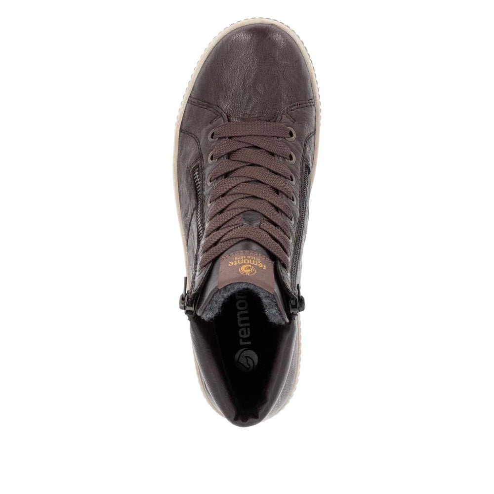 Remonte D0772-25 women's havana brown leather water resistant zip & lace ankle boots, top view.