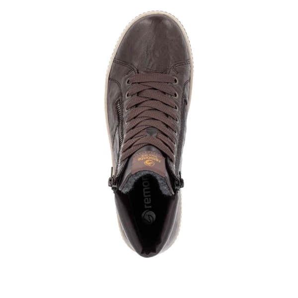 Remonte D0772-25 women's havana brown leather water resistant zip & lace ankle boots, top view.