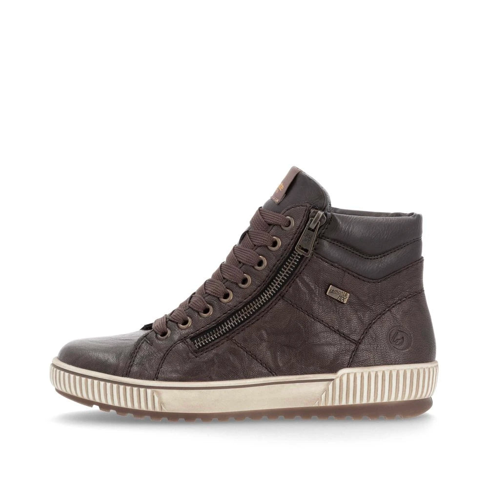 Remonte D0772-25 women's havana brown leather water resistant zip & lace ankle boots, inner side view.