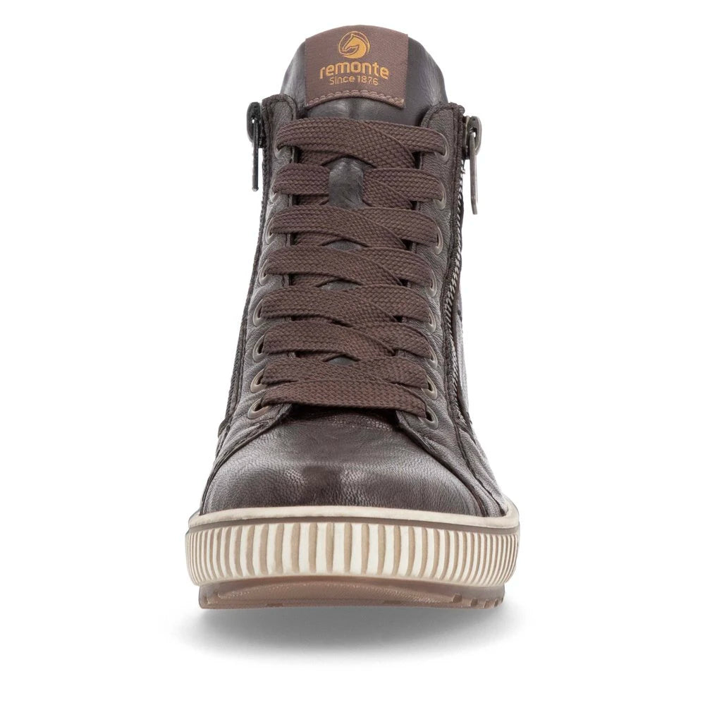 Remonte D0772-25 women's havana brown leather water resistant zip & lace ankle boots, front view.