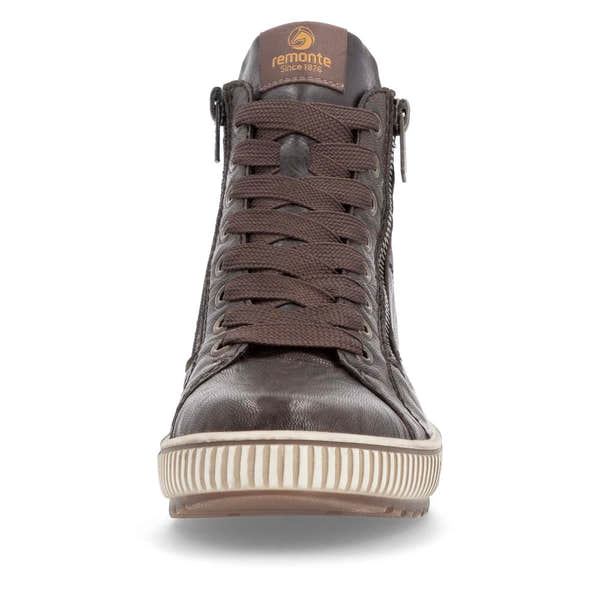 Remonte D0772-25 women's havana brown leather water resistant zip & lace ankle boots, front view.