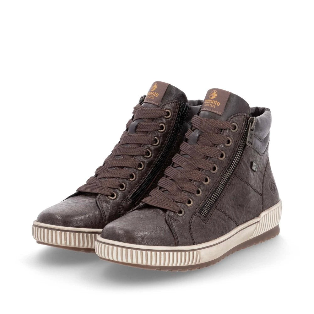 Remonte D0772-25 women's havana brown leather water resistant zip & lace ankle boots, paired three-quarter view.