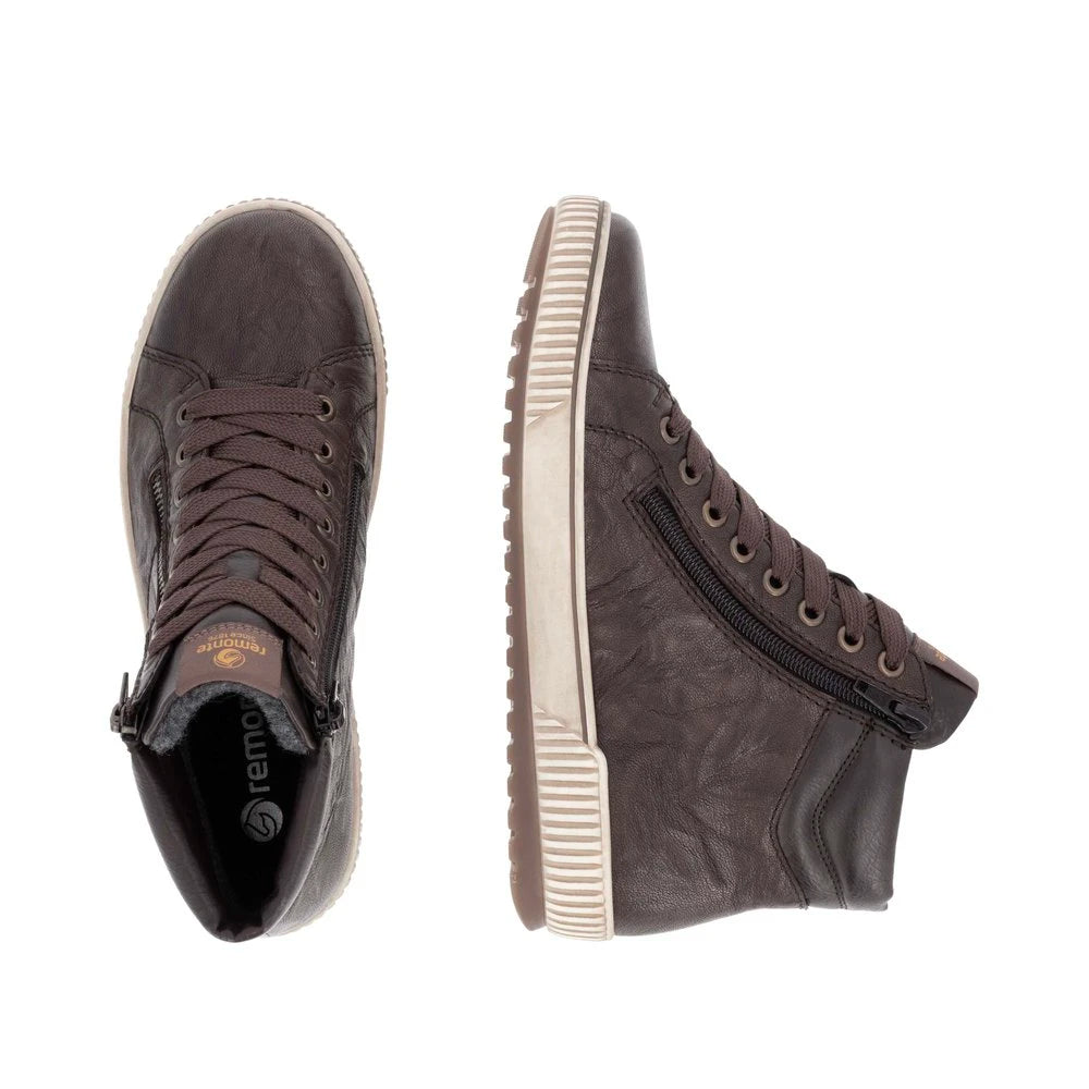 Remonte D0772-25 women's havana brown leather water resistant zip & lace ankle boots, two-angle product view.