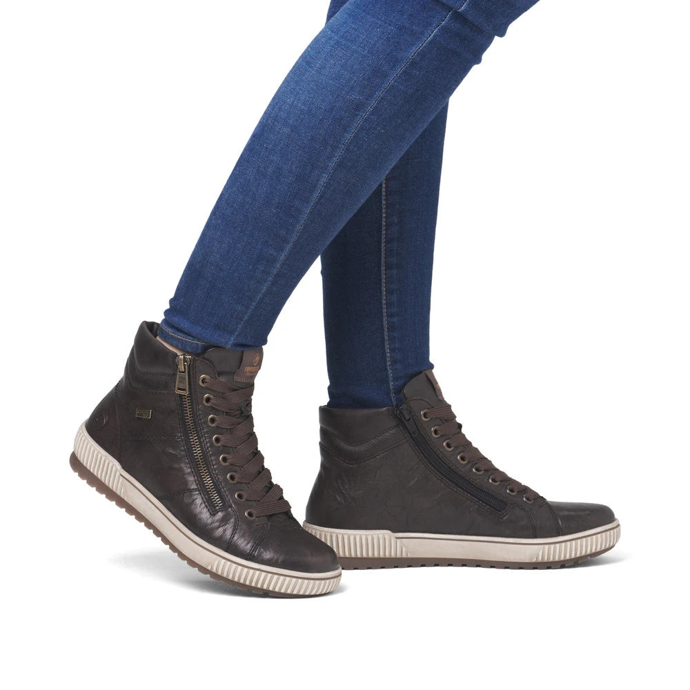 Remonte D0772-25 women's havana brown leather water resistant zip & lace ankle boots, on-foot lifestyle view.