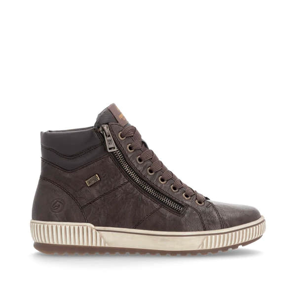 Remonte D0772-25 women's havana brown leather water resistant zip & lace ankle boots, opposite side view.