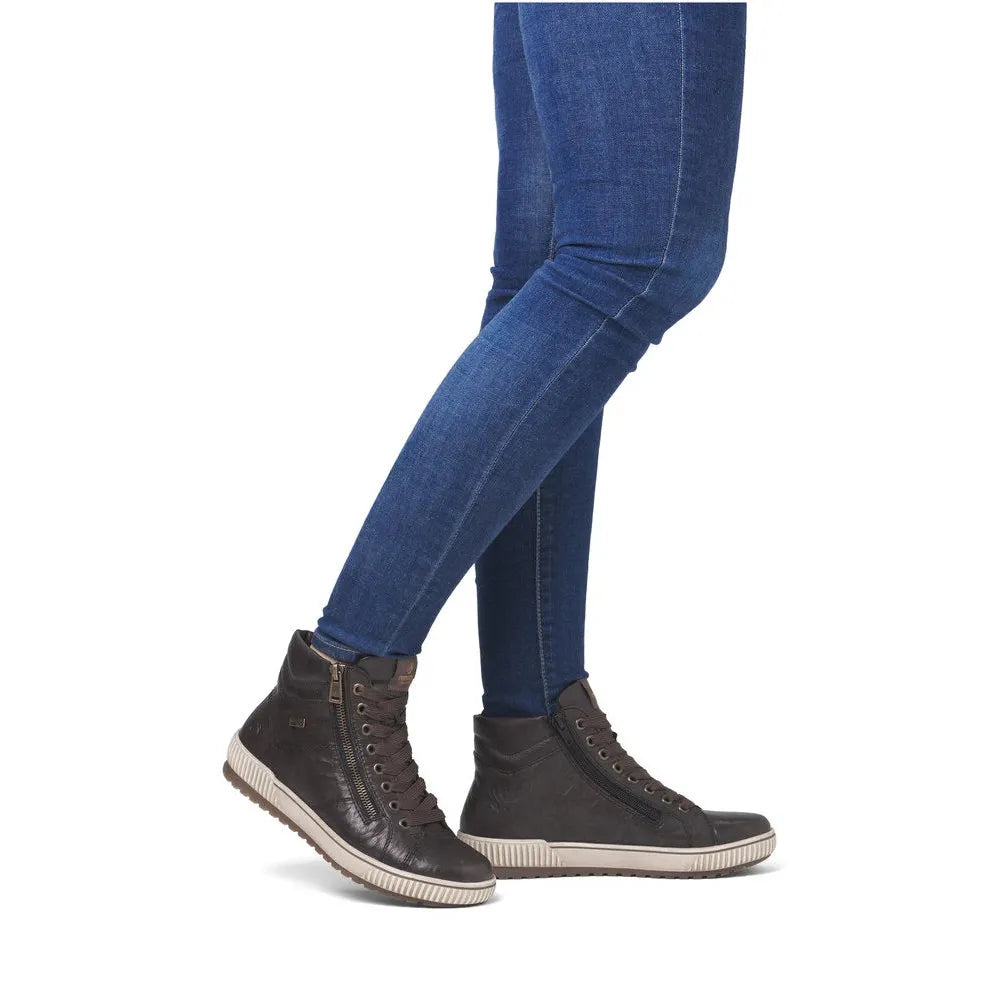 Remonte D0772-25 women's havana brown leather water resistant zip & lace ankle boots, on-foot lifestyle view.
