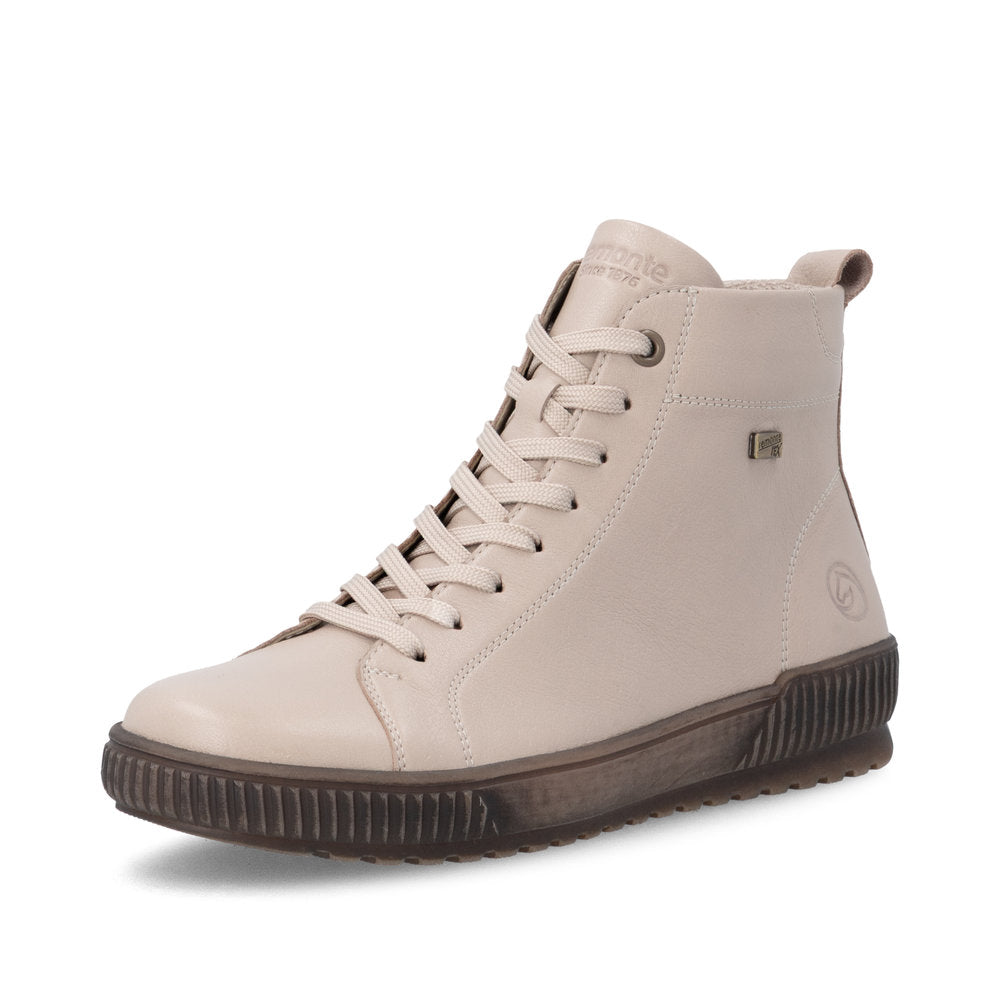 Remonte D0782-62 women's wide off white leather water resistant zip & lace ankle boots, front three-quarter view.