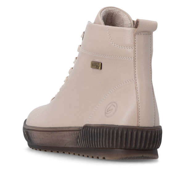 Remonte D0782-62 women's wide off white leather water resistant zip & lace ankle boots, rear three-quarter view.