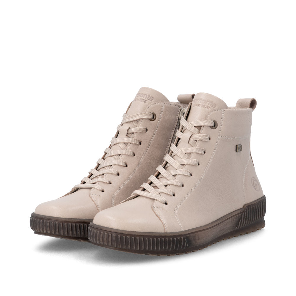 Remonte D0782-62 women's wide off white leather water resistant zip & lace ankle boots, paired three-quarter view.
