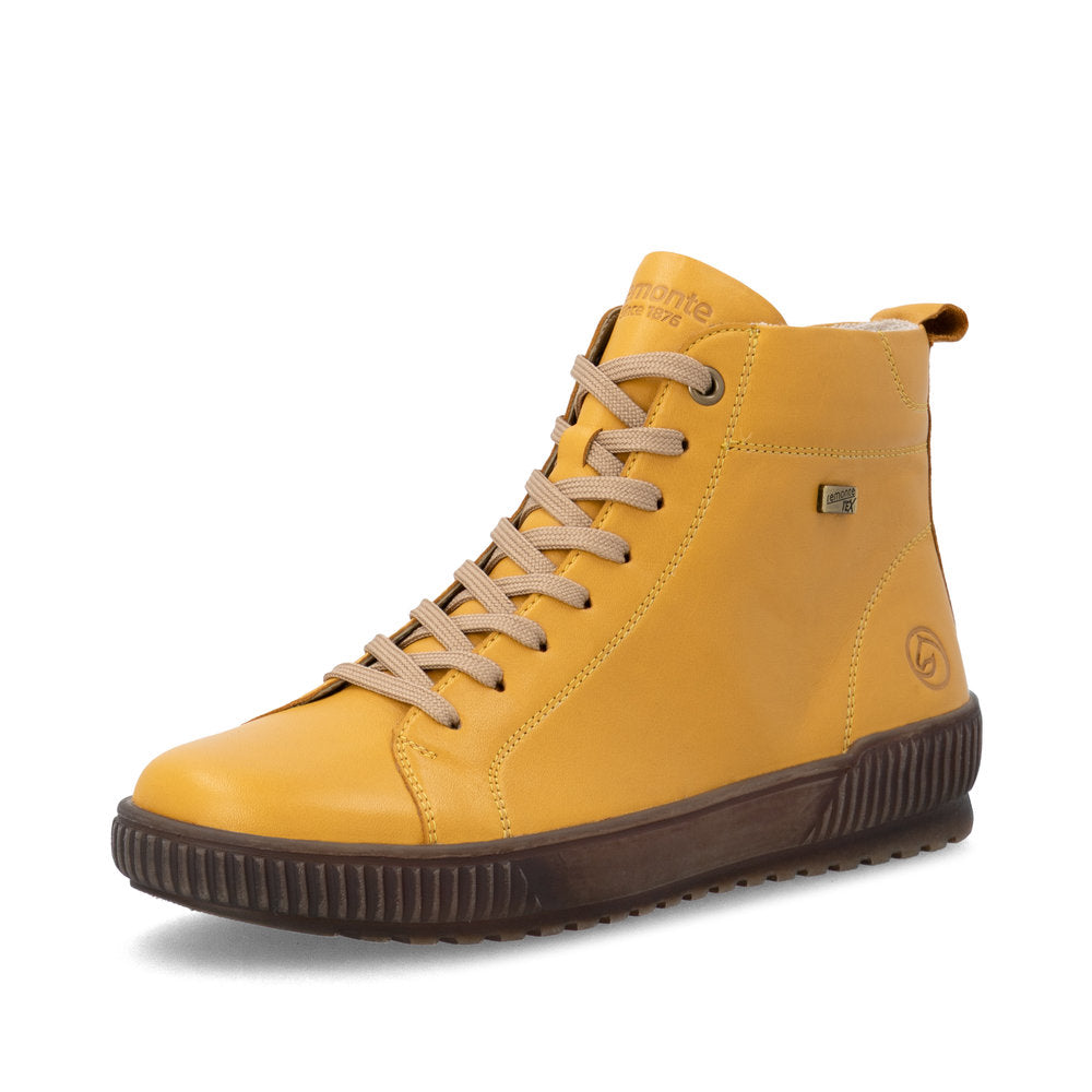 Remonte D0782-68 women's wide yellow leather water resistant lace up ankle boots, front three-quarter view.