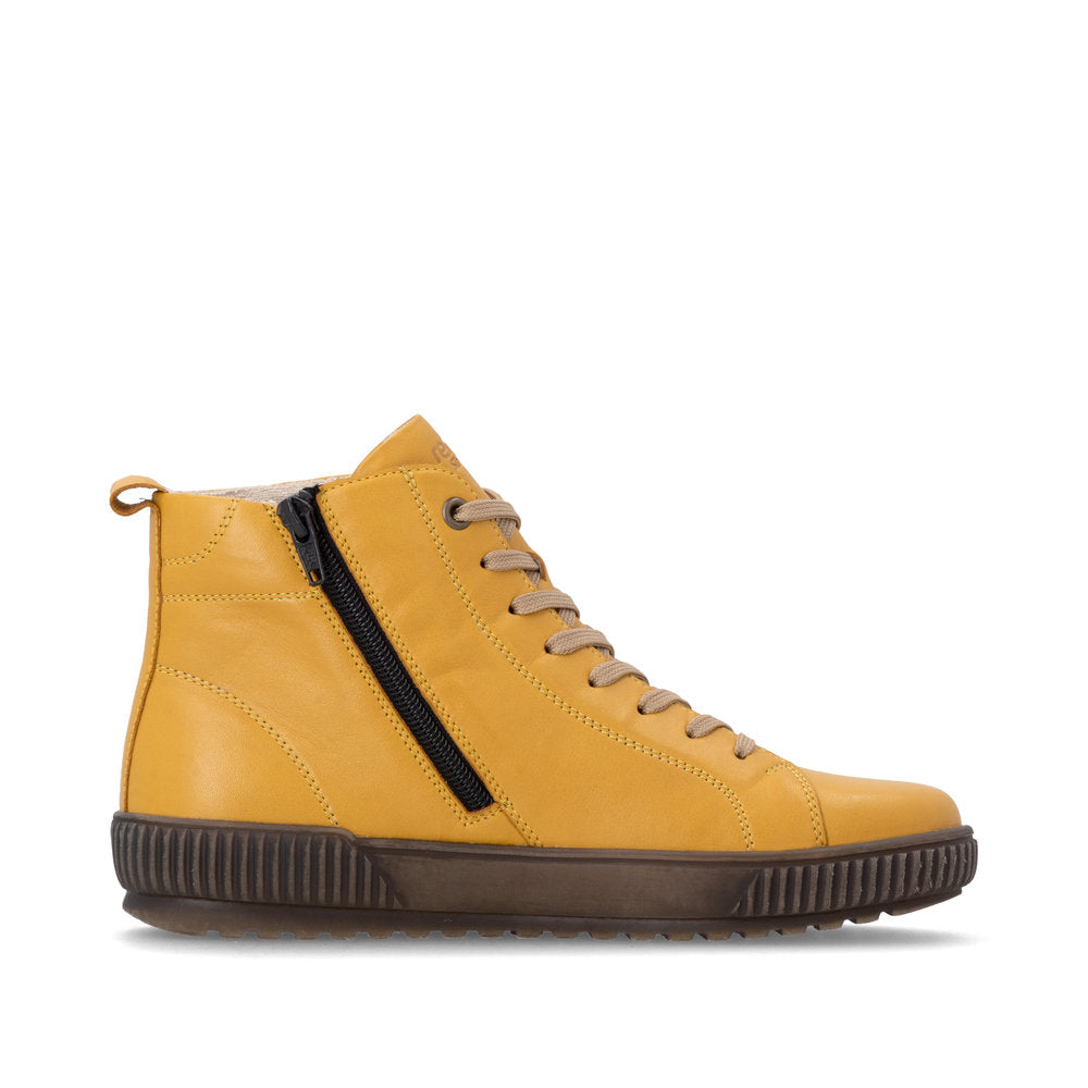 Remonte D0782-68 women's wide yellow leather water resistant lace up ankle boots, outer side view.