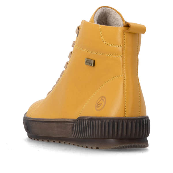 Remonte D0782-68 women's wide yellow leather water resistant lace up ankle boots, rear three-quarter view.