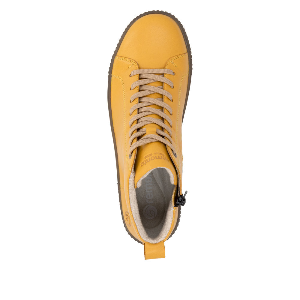 Remonte D0782-68 women's wide yellow leather water resistant lace up ankle boots, top view.