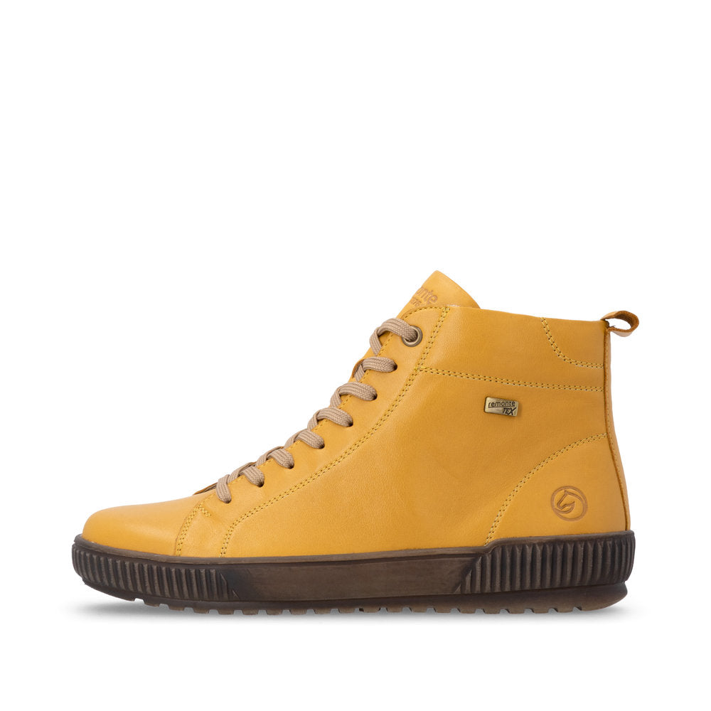 Remonte D0782-68 women's wide yellow leather water resistant lace up ankle boots, inner side view.