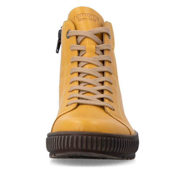 Remonte D0782-68 women's wide yellow leather water resistant lace up ankle boots, front view.