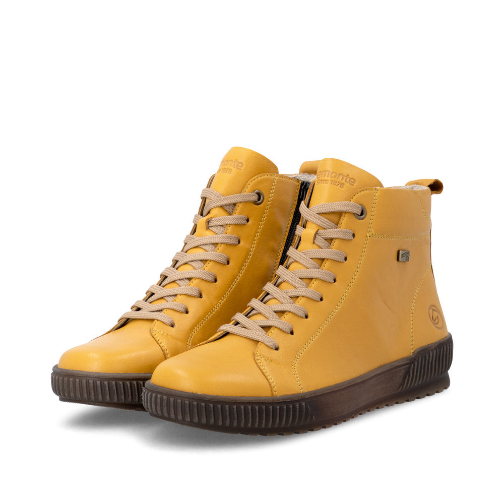 Remonte D0782-68 women's wide yellow leather water resistant lace up ankle boots, paired three-quarter view.