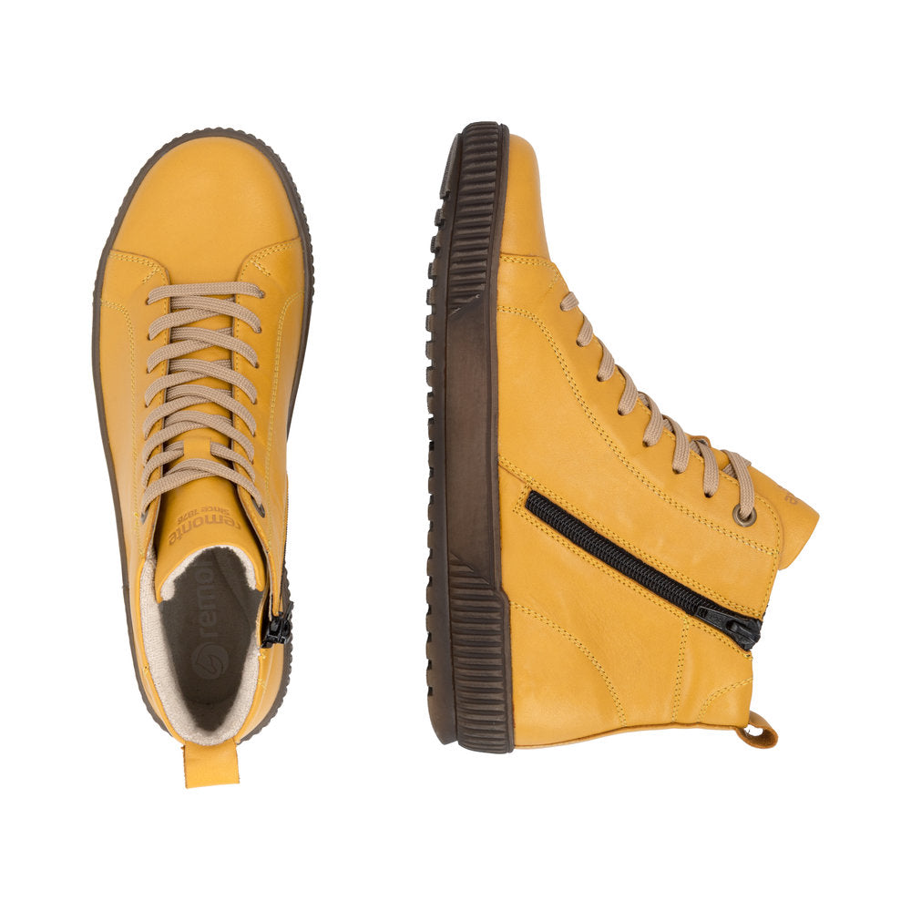 Remonte D0782-68 women's wide yellow leather water resistant lace up ankle boots, two-angle product view.