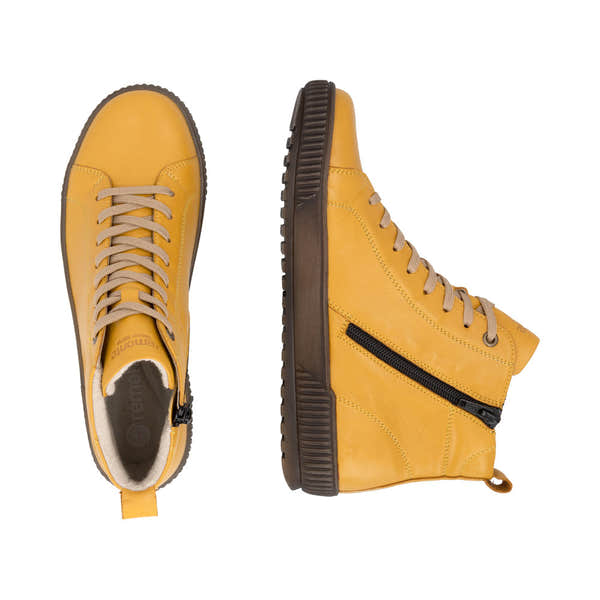 Remonte D0782-68 women's wide yellow leather water resistant lace up ankle boots, two-angle product view.