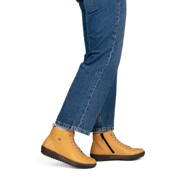 Remonte D0782-68 women's wide yellow leather water resistant lace up ankle boots, on-foot lifestyle view.