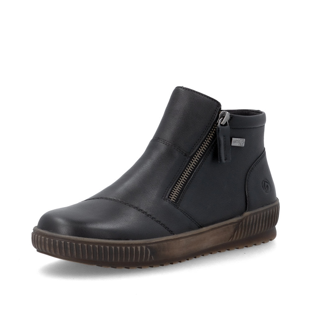 Remonte D0783-00 women's wide black leather water resistant side zip ankle boots, front three-quarter view.