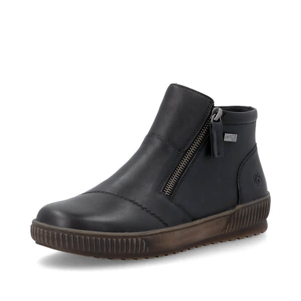 Remonte D0783-00 women's wide black leather water resistant side zip ankle boots, front three-quarter view.