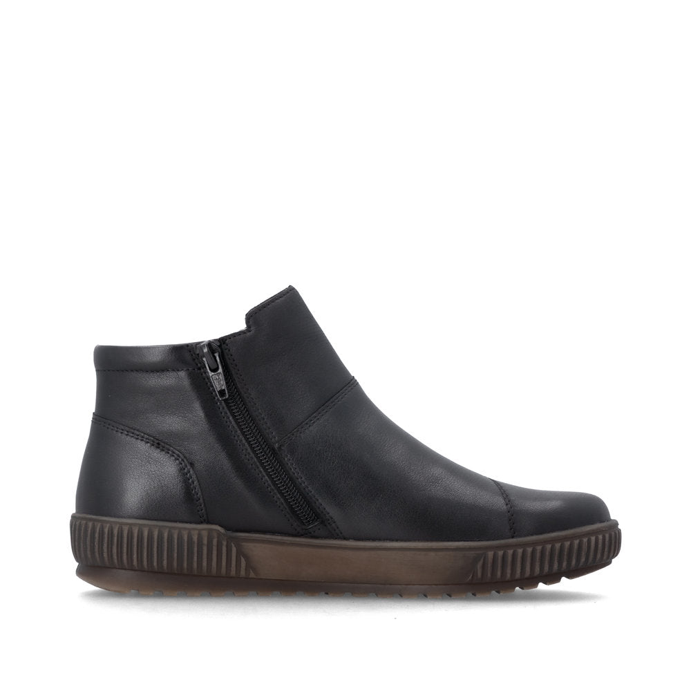 Remonte D0783-00 women's wide black leather water resistant side zip ankle boots, outer side view.
