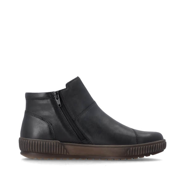 Remonte D0783-00 women's wide black leather water resistant side zip ankle boots, outer side view.