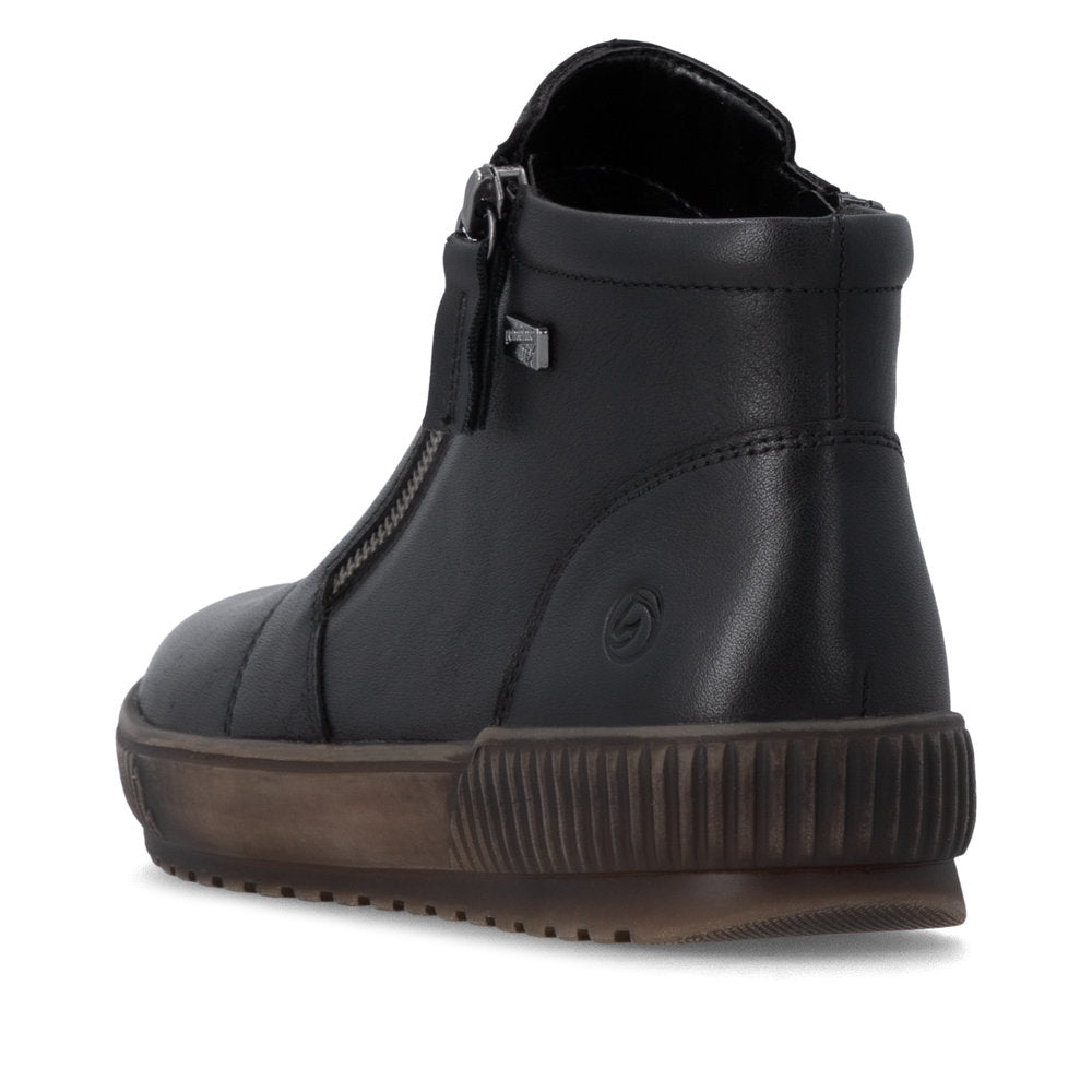 Remonte D0783-00 women's wide black leather water resistant side zip ankle boots, rear three-quarter view.