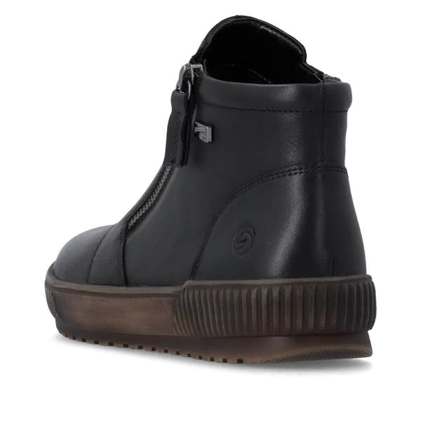 Remonte D0783-00 women's wide black leather water resistant side zip ankle boots, rear three-quarter view.