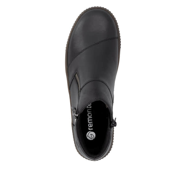 Remonte D0783-00 women's wide black leather water resistant side zip ankle boots, top view.