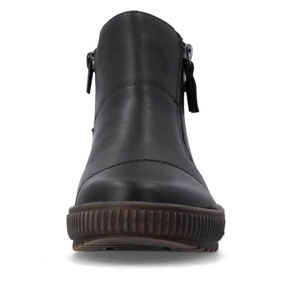 Remonte D0783-00 women's wide black leather water resistant side zip ankle boots, front view.
