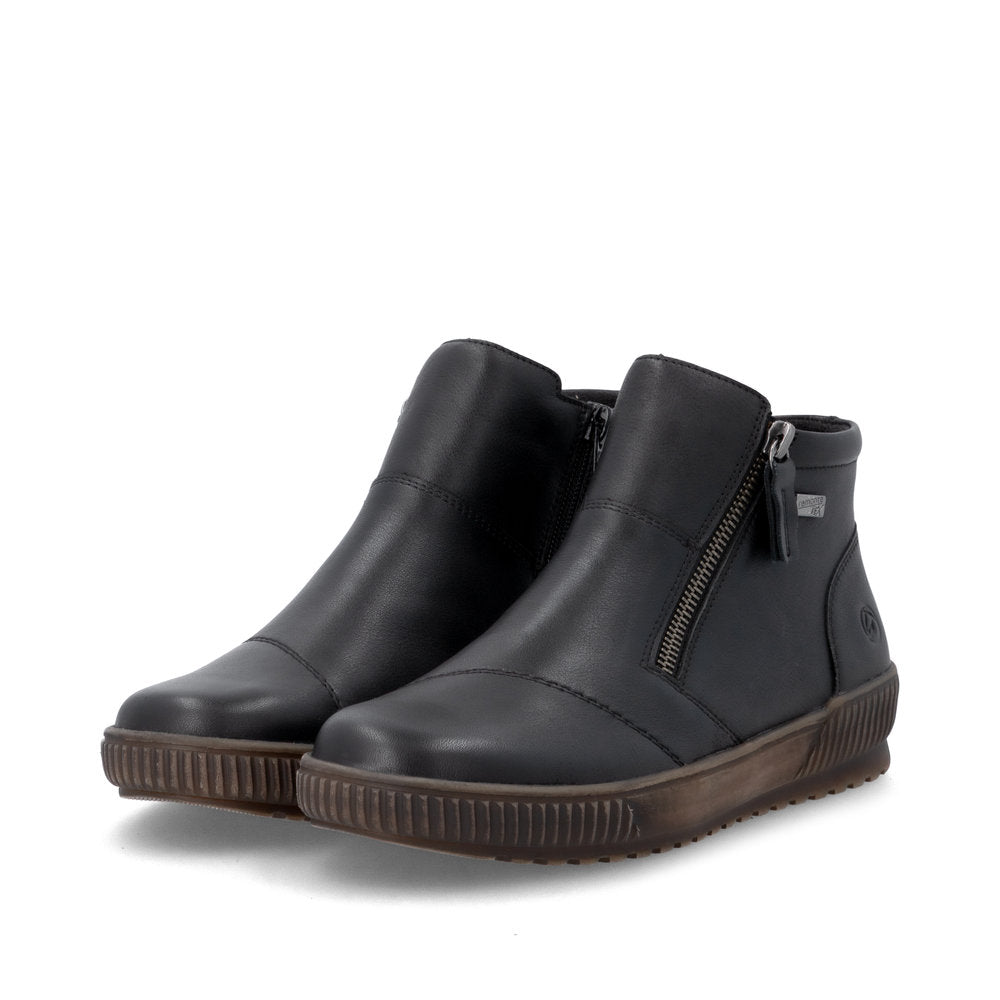 Remonte D0783-00 women's wide black leather water resistant side zip ankle boots, paired three-quarter view.