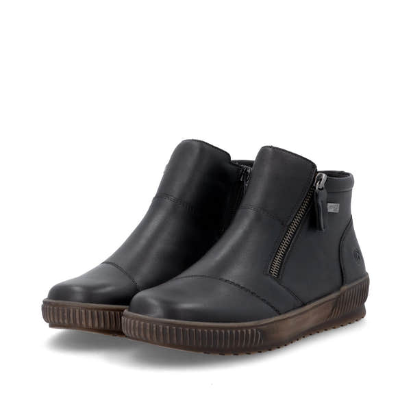 Remonte D0783-00 women's wide black leather water resistant side zip ankle boots, paired three-quarter view.